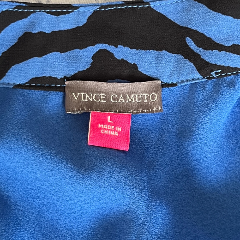 Vince Camuto Blue Animal Print Tie Neck Blouse size L - Picture 9 of 14